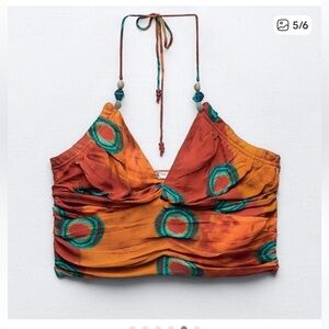 Zara Beaded Tie Back Printed Halter Crop Top Size Medium